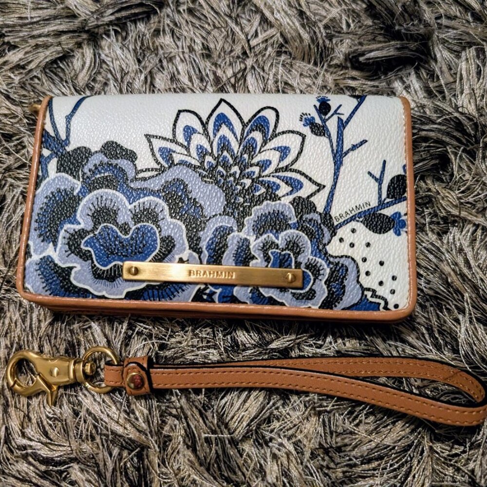 Brahmin Floral Mini Foldover Bifold Leather Wallet Wristlet EUC